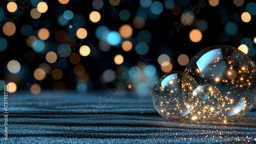 Hanging Christmas ornaments with shimmering blue and golden light reflections on sparkling holiday bokeh background.