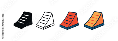 Vector icon wheel chock same pose same proportions four styles black solid glyph outline minimal flat multicolor filled cartoon flat shaded.