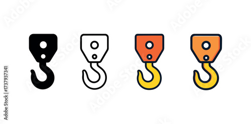 Vector icon hoist hook same pose same proportions four styles black solid glyph outline minimal flat multicolor filled cartoon flat shaded.