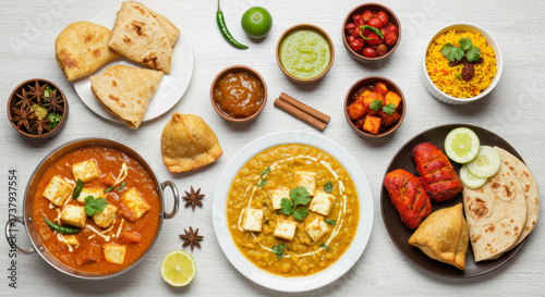 Wallpaper Mural Delicious Indian and Pakistani Cuisine Assortment: Paneer Tikka Masala, Dahl, Samosas, Flatbreads, Chutneys, Spices, and Rice Dishes on White Wood. Torontodigital.ca