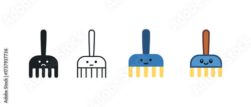 Vector icon hay rake same pose same proportions four styles black solid glyph outline minimal flat multicolor filled cartoon flat shaded.