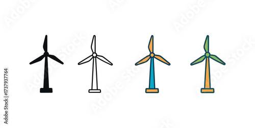 Vector icon windmill farm same pose same proportions four styles black solid glyph outline minimal flat multicolor filled cartoon flat shaded.
