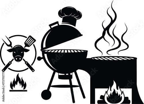 Silhouette of a chef grilling food with flames and utensils