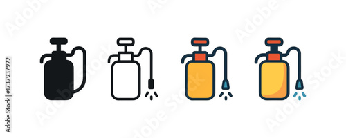 Vector icon pesticide sprayer same pose same proportions four styles black solid glyph outline minimal flat multicolor filled cartoon flat shaded.