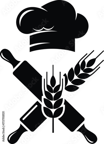 Chef hat rolling pins and wheat emblem for bakery or culinary business