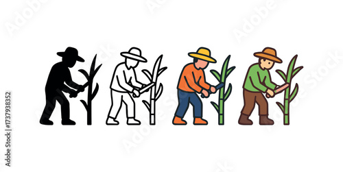 Vector icon sugarcane cutter same pose same proportions four styles black solid glyph outline minimal flat multicolor filled cartoon flat shaded.