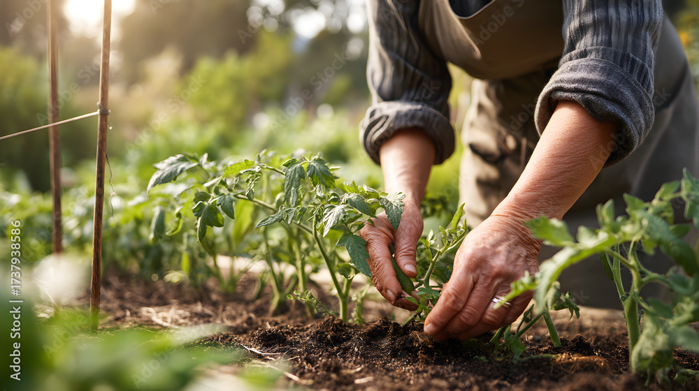 Fototapeta premium Gardener tending to young tomato plants in a vibrant garden during golden hour light
