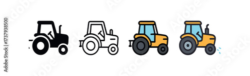 Vector icon tractor sprayer same pose same proportions four styles black solid glyph outline minimal flat multicolor filled cartoon flat shaded.