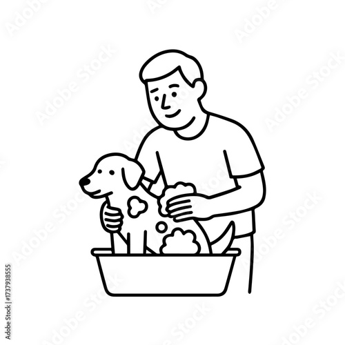 line icon man washing a dog vector on a white background
Vector line icon on a white background