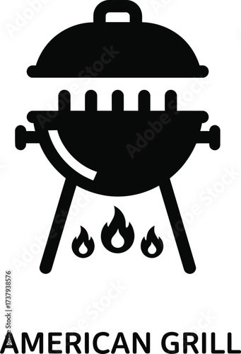 Black silhouette of an american barbecue grill with flames
