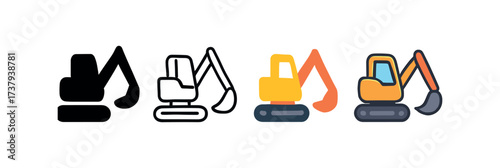 Vector icon mini excavator same pose same proportions four styles black solid glyph outline minimal flat multicolor filled cartoon flat shaded.