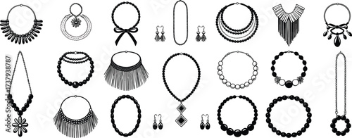 Elegant necklace collection, black and white jewelry set, diverse designs, fashion accessory icons, bead and pendant silhouettes, flat vector illustration
