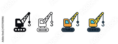 Vector icon crawler crane same pose same proportions four styles black solid glyph outline minimal flat multicolor filled cartoon flat shaded.