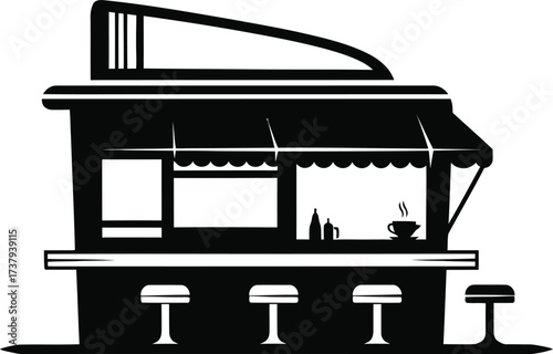 Silhouette of a modern food truck with outdoor seating