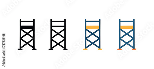 Vector icon scaffolding tower same pose same proportions four styles black solid glyph outline minimal flat multicolor filled cartoon flat shaded.