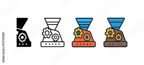 Vector icon crusher machine same pose same proportions four styles black solid glyph outline minimal flat multicolor filled cartoon flat shaded.