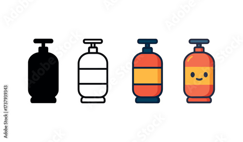 Vector icon gas cylinder same pose same proportions four styles black solid glyph outline minimal flat multicolor filled cartoon flat shaded.