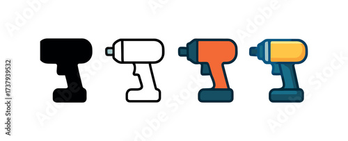 Vector icon impact driver same pose same proportions four styles black solid glyph outline minimal flat multicolor filled cartoon flat shaded.