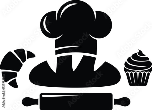 Silhouette of baking tools and pastries with chef hat