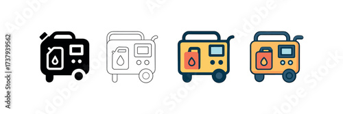 Vector icon diesel generator same pose same proportions four styles black solid glyph outline minimal flat multicolor filled cartoon flat shaded.