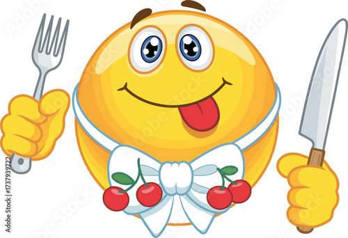 Hungry emoji with fork and knife, cartoon style character, playful expression, cherry bib, ready to eat, flat vector illustration