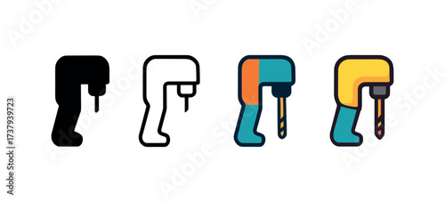 Vector icon angle drill same pose same proportions four styles black solid glyph outline minimal flat multicolor filled cartoon flat shaded.