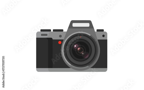A front view illustration of a modern digital camera with a prominent lens and viewfinder.