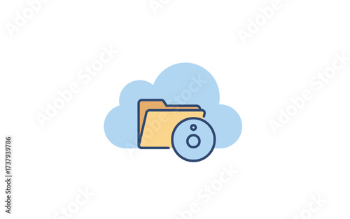 Cloud storage icon with a folder and a disc, symbolizing data backup and digital information management.