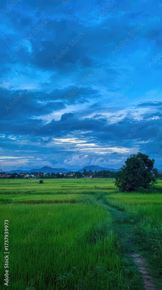 Obraz premium Lush green field, winding path, cloudy blue sky, small village distant
