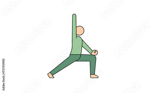 Illustration of a person performing a yoga lunge pose with one arm extended upwards.