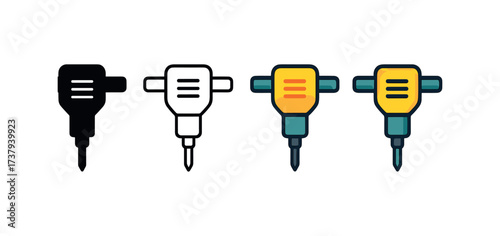 Vector icon demolition hammer same pose same proportions four styles black solid glyph outline minimal flat multicolor filled cartoon flat shaded.