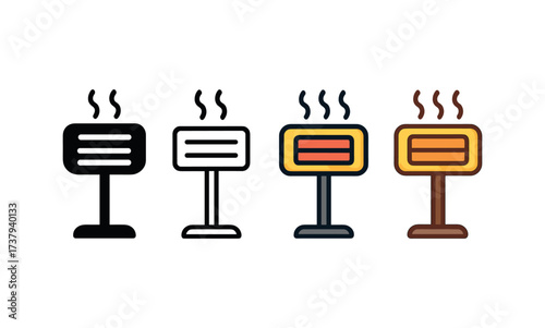 Vector icon infrared heater same pose same proportions four styles black solid glyph outline minimal flat multicolor filled cartoon flat shaded.