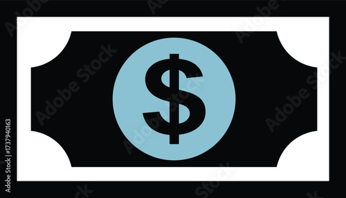 Simple black and white banknote with light blue dollar sign money currency