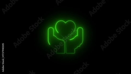 abstract green color neon line two hand up love icon animation. beautiful love with hands in neon lighting animation, valentines day concept, heartbeat icon