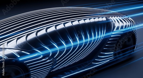 Futuristic car with glowing blue light trails speeds forward