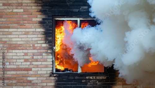 Realistic Flames and Smoke Coming Out from Burning House Window