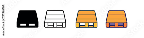 Vector icon shipping pallet same pose same proportions four styles black solid glyph outline minimal flat multicolor filled cartoon flat shaded.