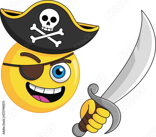 Pirate emoji with sword, cartoon style character, mischievous grin, skull hat, adventure theme, playful expression, flat vector illustration