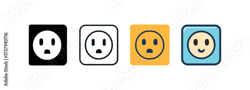 Vector icon power outlet same pose same proportions four styles black solid glyph outline minimal flat multicolor filled cartoon flat shaded.
