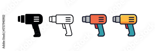 Vector icon heat shrink gun same pose same proportions four styles black solid glyph outline minimal flat multicolor filled cartoon flat shaded.