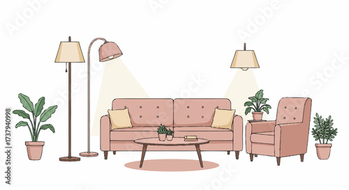 Cozy Living Room Scene with Pink Sofa, Armchair, Floor Lamps, and Plants