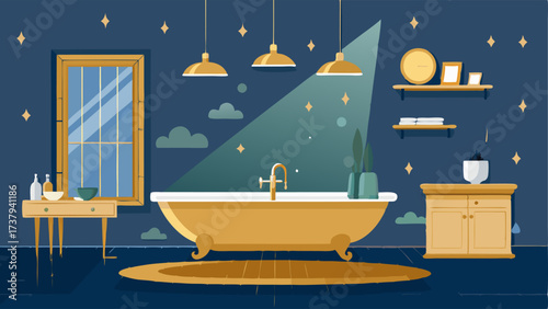 A luxurious spalike bathroom featuring a freestanding tub and a ra with gold fixtures.