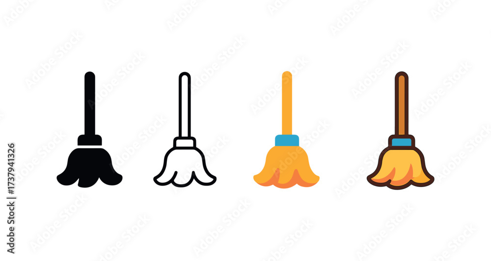 Naklejka premium Vector icon mop same pose same proportions four styles black solid glyph outline minimal flat multicolor filled cartoon flat shaded.