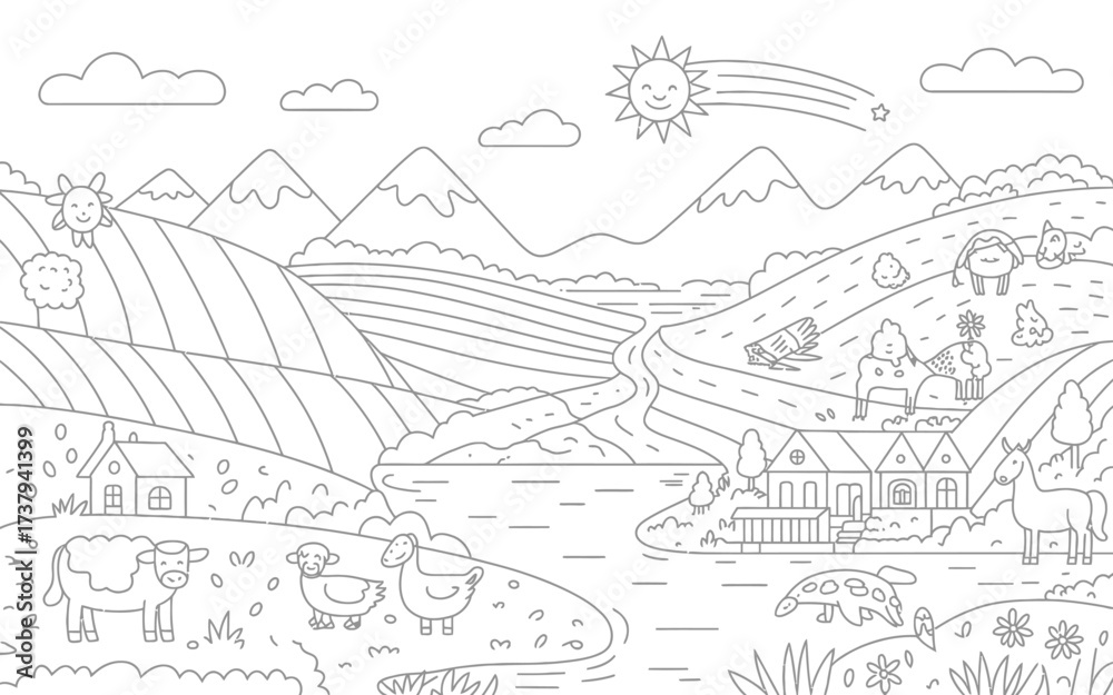 Fototapeta premium Scalable black and white line art illustration of a picturesque rural landscape scene silhouette vector illustration white background