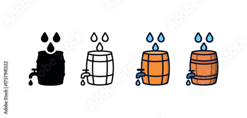 icon rainwater barrel same pose same proportions four styles black solid glyph outline minimal flat multicolor filled cartoon flat shaded.