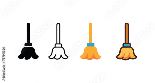 Vector icon mop same pose same proportions four styles black solid glyph outline minimal flat multicolor filled cartoon flat shaded.