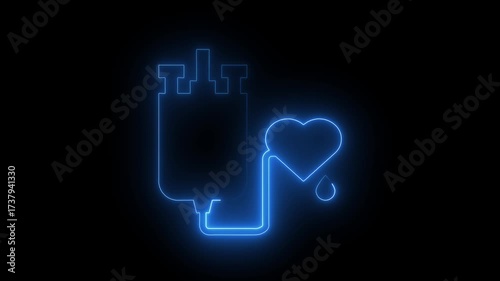Neon glowing Medical report with heart rate monitor hand health symbol blue color black background animation.