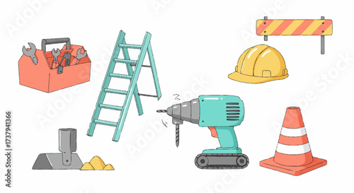 Collection of various construction and DIY tools, safety equipment, and building materials for home renovation and repair projects