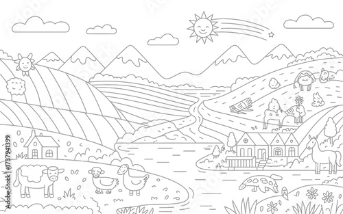 Scalable black and white line art illustration of a picturesque rural landscape scene silhouette vector illustration white background