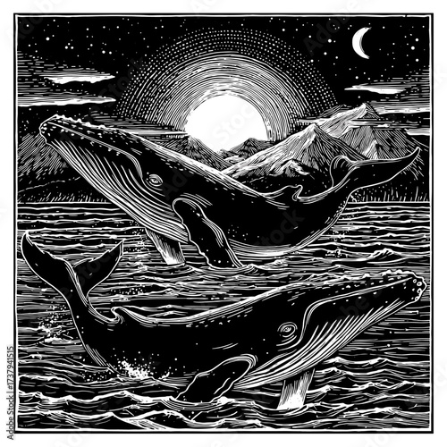 A black and white linocut block print of humpback whales in the night sky with the moon and stars